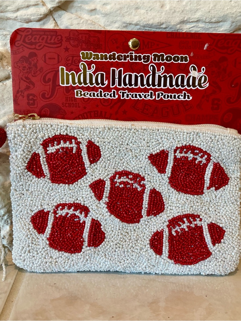 NWT Wandering Moon Beaded Football Pouch - Brown on White